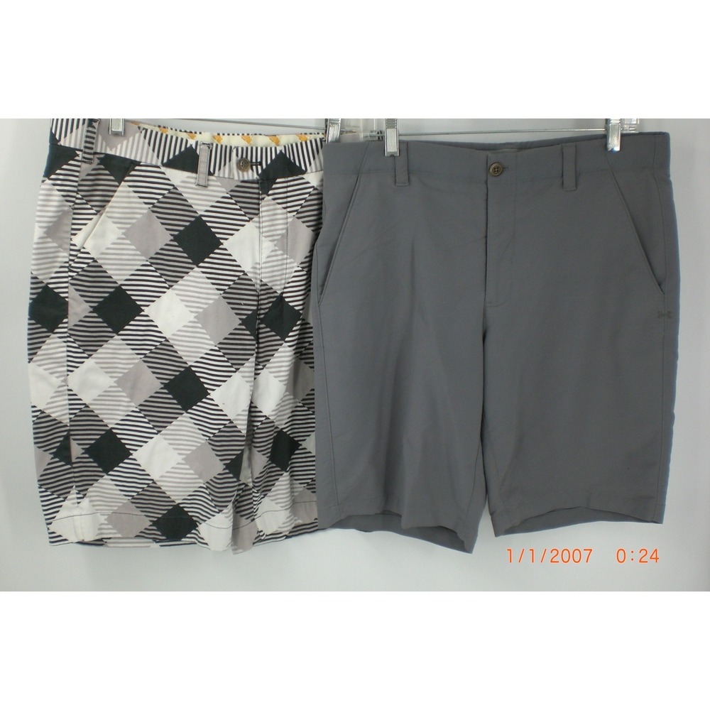 lot of 2 - Loudmouth 34 Black White Chinos & Underarmour 34 Men's golf shorts